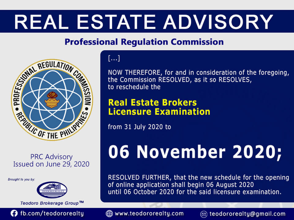 PRC SCHEDULES REAL ESTATE BROKERS LICENSURE EXAM FOR 2020 TEODORO REALTY